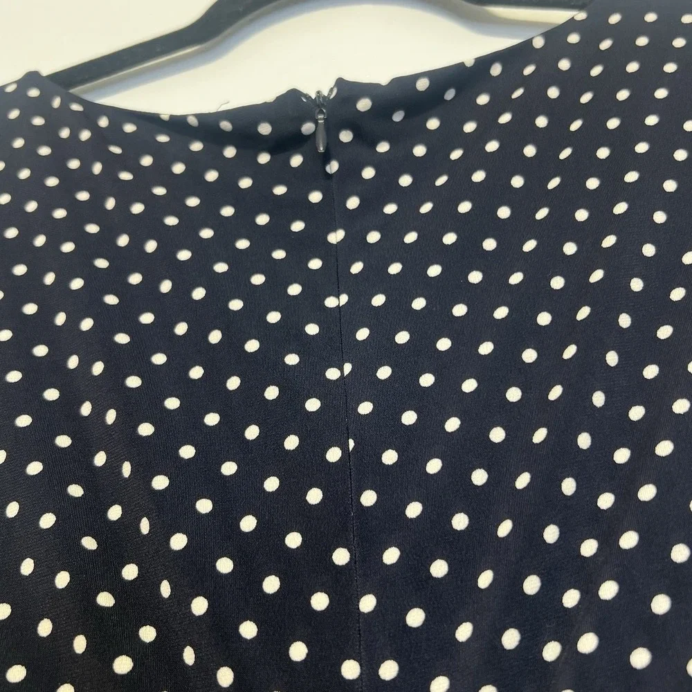 Adrianna Papell Dress Sz 8 Polka Dot‎ Ruched Slimming Blue White Preppy Career